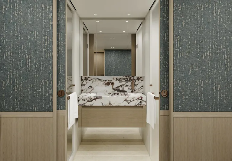  Yacht Photos Pics Luxurious bathroom on 2026 Sanlorenzo SD118 yacht with marble sink and elegant decor.