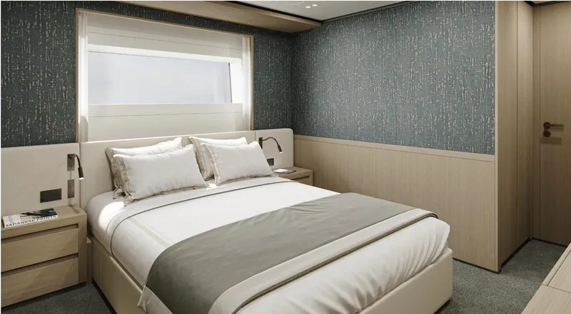  Yacht Photos Pics Luxurious bedroom interior of 2026 Sanlorenzo SD118 yacht with modern design and elegant decor.