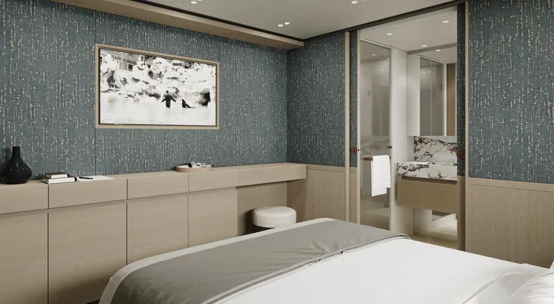  Yacht Photos Pics Luxurious bedroom interior on 2026 Sanlorenzo SD118 yacht with modern decor and elegant design.