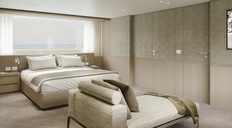 Yacht Photos Pics Luxurious bedroom interior on Sanlorenzo SD118 yacht, 2026 model, featuring elegant design and ocean view.
