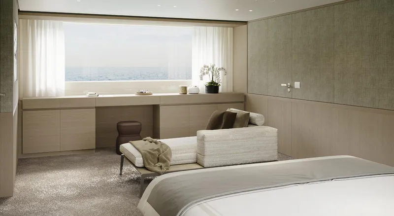  Yacht Photos Pics Luxurious interior of 2026 Sanlorenzo SD118 yacht with ocean view and modern decor.