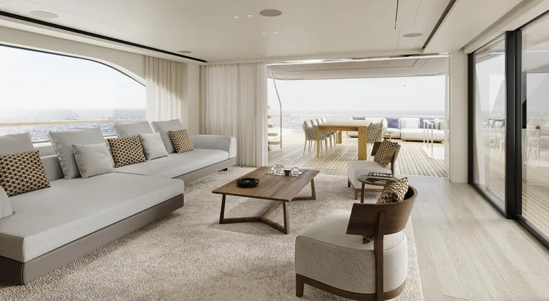  Yacht Photos Pics Luxurious interior of 2026 Sanlorenzo SD118 yacht with modern furnishings and ocean view.