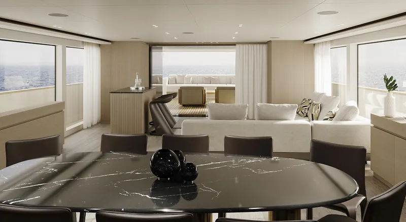  Yacht Photos Pics Luxurious interior of 2026 Sanlorenzo SD118 yacht with elegant dining and seating areas.