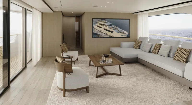  Yacht Photos Pics Luxurious interior of 2026 Sanlorenzo SD118 yacht with modern furnishings and ocean view.