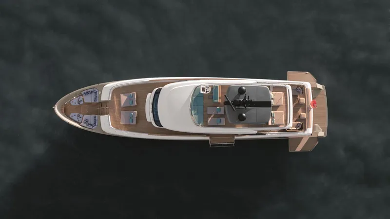  Yacht Photos Pics Aerial view of 2026 Sanlorenzo SD118 yacht on calm water.