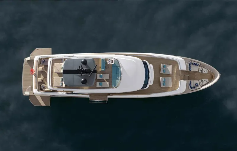  Yacht Photos Pics Aerial view of 2026 Sanlorenzo SD118 luxury yacht on calm water.