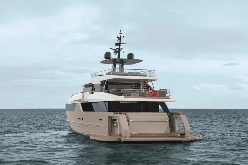  Yacht Photos Pics Luxury Sanlorenzo SD118 yacht on open sea, 2026 model, elegant design.