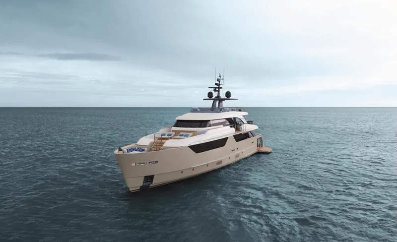  Yacht Photos Pics Luxurious 2026 Sanlorenzo SD118 yacht cruising on open sea under cloudy sky.