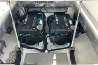 Engine compartment of a 2012 Fjord 36' Open boat with dual engines.
