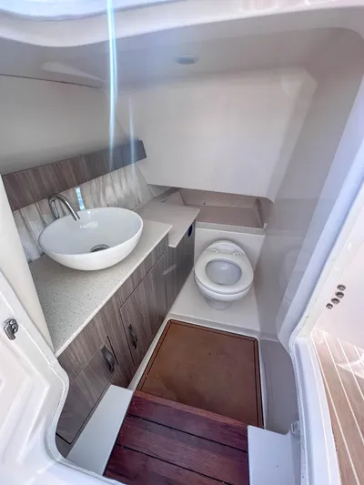 Poly Yacht Photos Pics 2019 Regal 33 OBX boat bathroom with modern sink and toilet.