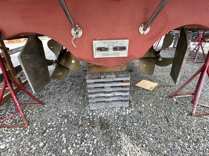 San Juan Yacht Photos Pics San Juan 41 boat propellers and rudders, 2015 model, on dry dock for maintenance.