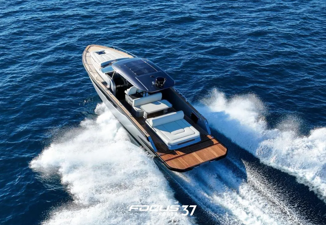 Luxury 2025 Focus Forza 37 yacht cruising on open sea.