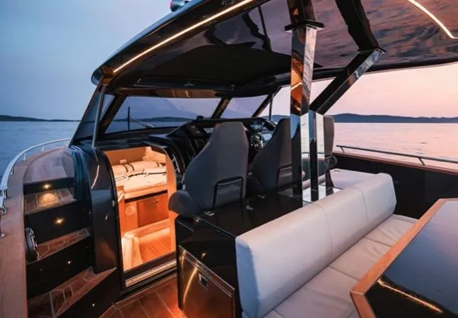 Luxurious 2025 Focus Forza 37 yacht interior at sunset, featuring sleek design and modern amenities.