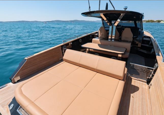 2025 Focus Forza 37 luxury yacht with spacious deck and seating on open water.