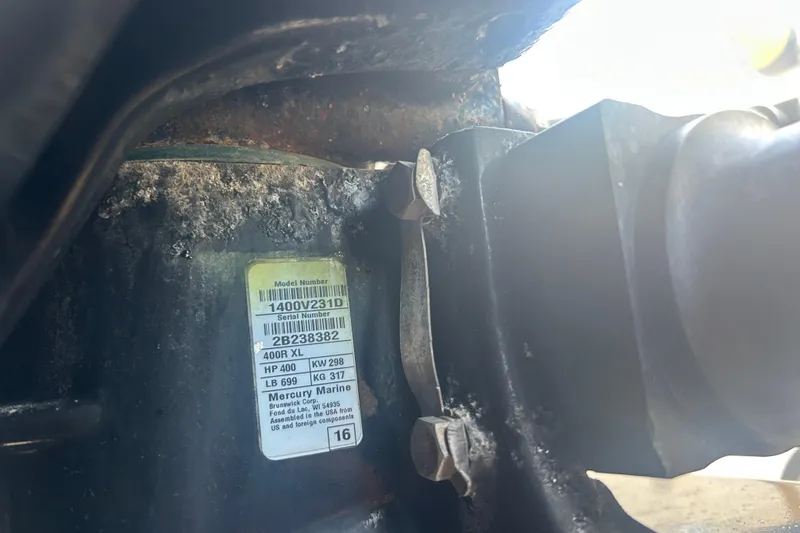  Yacht Photos Pics Close-up of a 2007 Fountain 38 Sportfish Cruiser OB engine label.