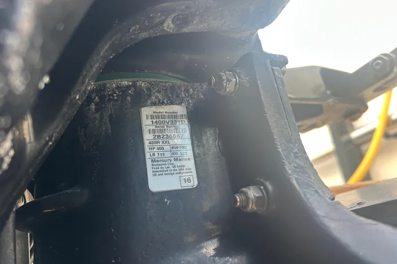  Yacht Photos Pics Close-up of a Mercury Marine engine label on a 2007 Fountain 38 Sportfish Cruiser OB.