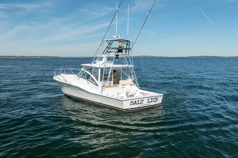 Salt Lick Yacht Photos Pics 2018 Albemarle 41 Express boat named "Salt Lick" cruising on open water.