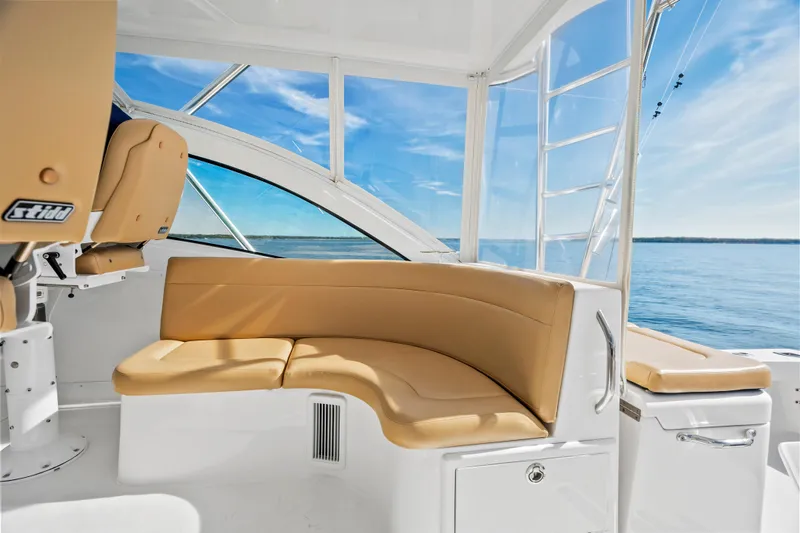 Salt Lick Yacht Photos Pics Luxurious seating on 2018 Albemarle 41 Express yacht with ocean view.