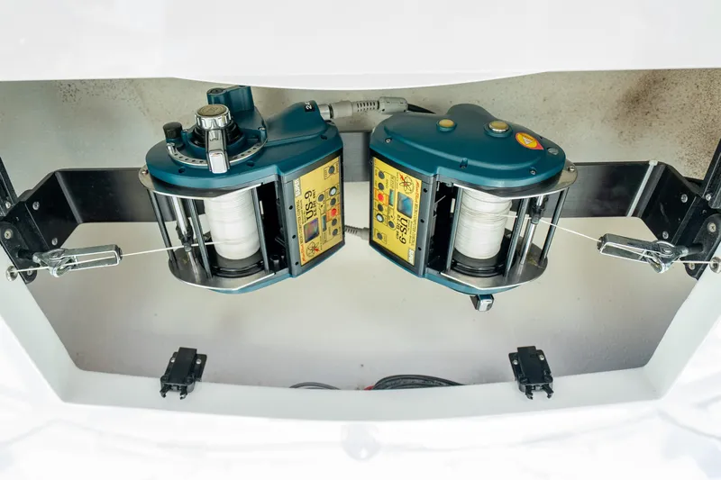 Salt Lick Yacht Photos Pics Dual electric fishing reels on a 2018 Albemarle 41 Express boat.