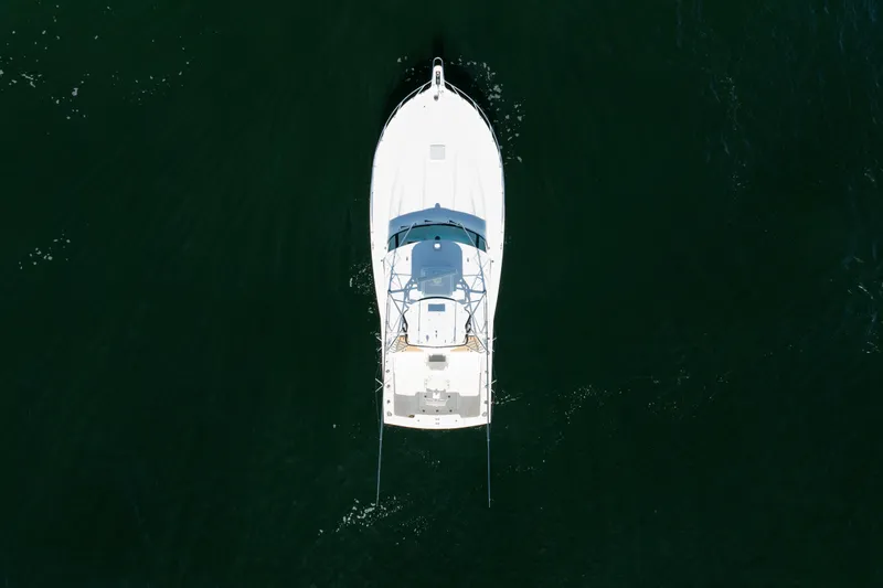 Salt Lick Yacht Photos Pics Overhead view of 2018 Albemarle 41 Express boat on dark water.