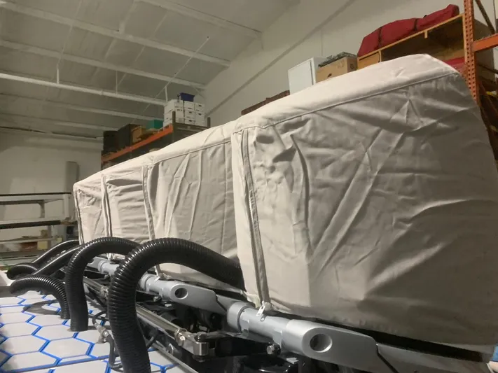  Yacht Photos Pics Covered 2020 Mystic Powerboats M4200 engine in storage facility.