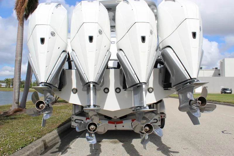  Yacht Photos Pics 2020 Mystic Powerboats M4200 with four powerful outboard engines.