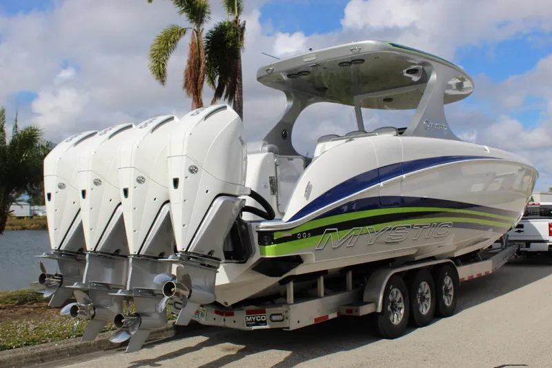  Yacht Photos Pics 2020 Mystic Powerboats M4200 with quad engines on trailer.