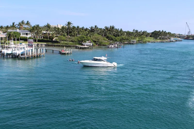 Knot Sorry Yacht Photos Pics 2021 Tiara Yachts 38LX cruising in a scenic, tropical waterway with palm trees.