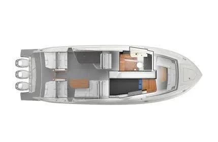 Knot Sorry Yacht Photos Pics 2021 Tiara Yachts 38LX top view layout with triple engines and interior design.
