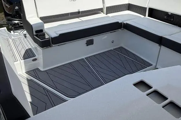  Yacht Photos Pics 2023 Monterey 385 Super Sport boat interior with sleek seating and modern design.