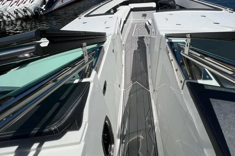  Yacht Photos Pics 2023 Monterey 385 Super Sport boat deck with sleek design and modern features.