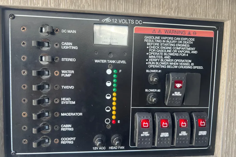  Yacht Photos Pics Control panel of 2023 Monterey 385 Super Sport boat with switches and warning labels.