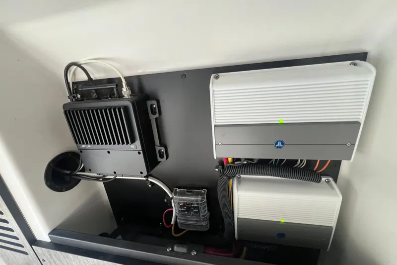  Yacht Photos Pics Electrical components inside a 2023 Monterey 385 Super Sport boat.