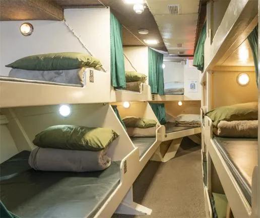 Truth Yacht Photos Pics Bunk beds in a 1974 Custom Expedition Liveaboard, featuring cozy green bedding and privacy curtains.