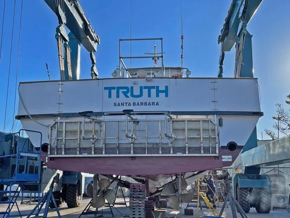 Truth Yacht Photos Pics Custom 1974 Expedition Liveaboard boat "Truth" in dry dock, Santa Barbara.