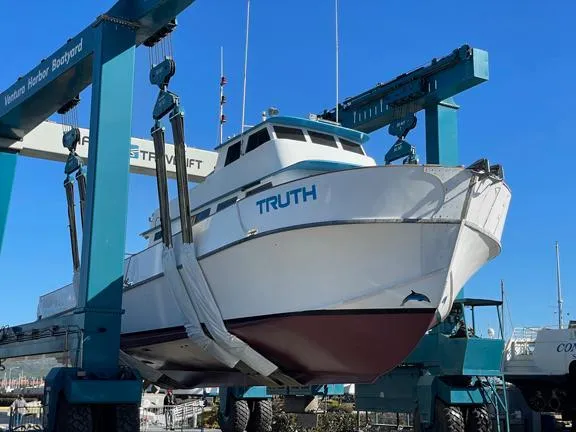 Truth Yacht Photos Pics Custom 1974 Expedition Liveaboard boat "Truth" in dry dock at Ventura Harbor Boatyard.