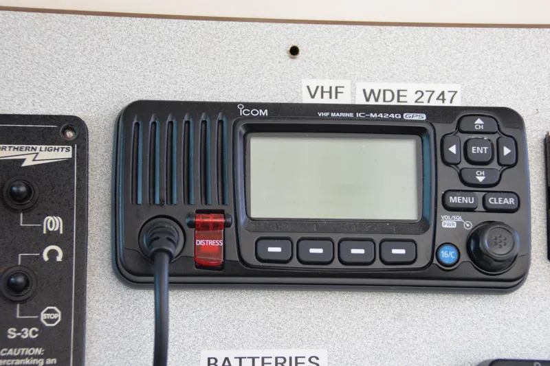 Dreamweaver Yacht Photos Pics VHF marine radio on 2004 Fountaine Pajot Belize 43 catamaran control panel.