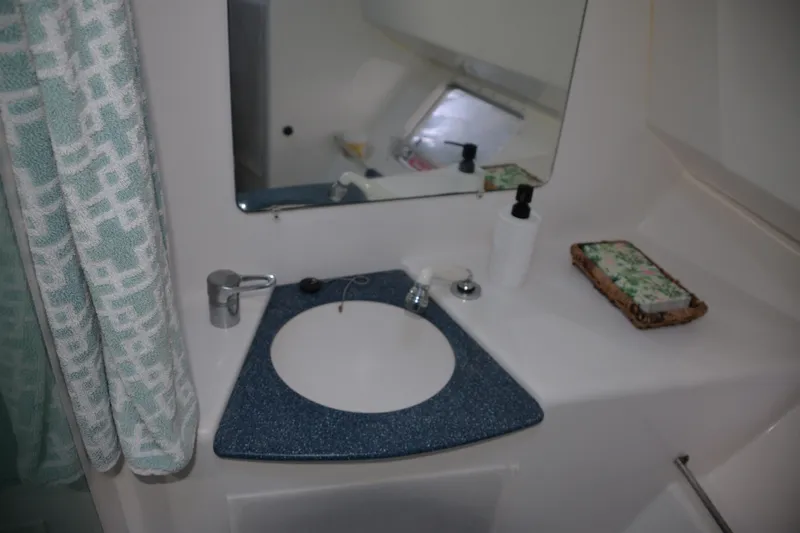 Dreamweaver Yacht Photos Pics Bathroom sink area on 2004 Fountaine Pajot Belize 43 catamaran.