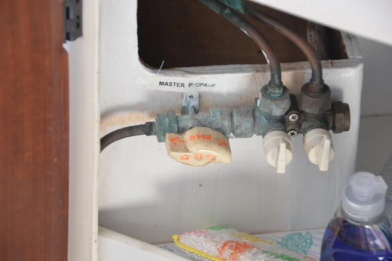 Dreamweaver Yacht Photos Pics Propane valve system on 2004 Fountaine Pajot Belize 43 catamaran.