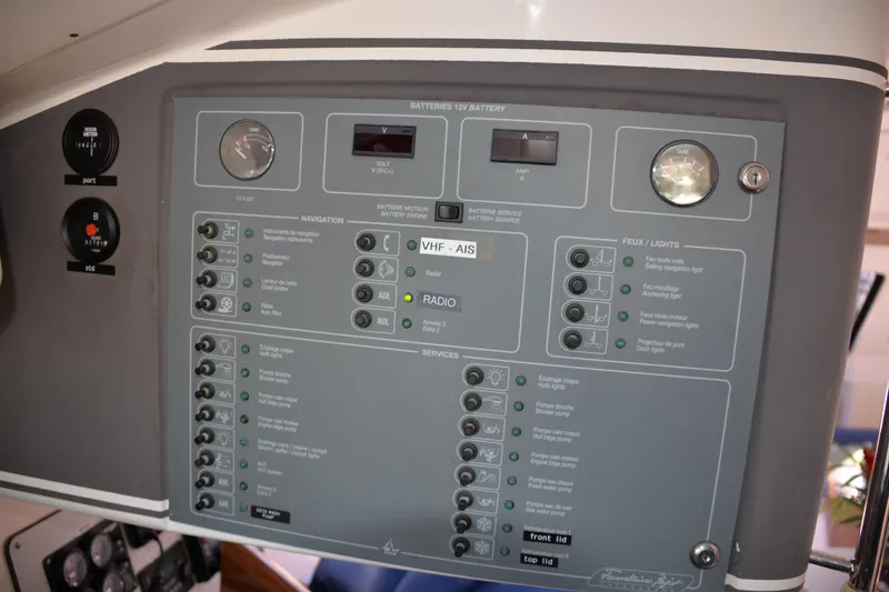 Dreamweaver Yacht Photos Pics Control panel of 2004 Fountaine Pajot Belize 43 catamaran, featuring navigation and system controls.