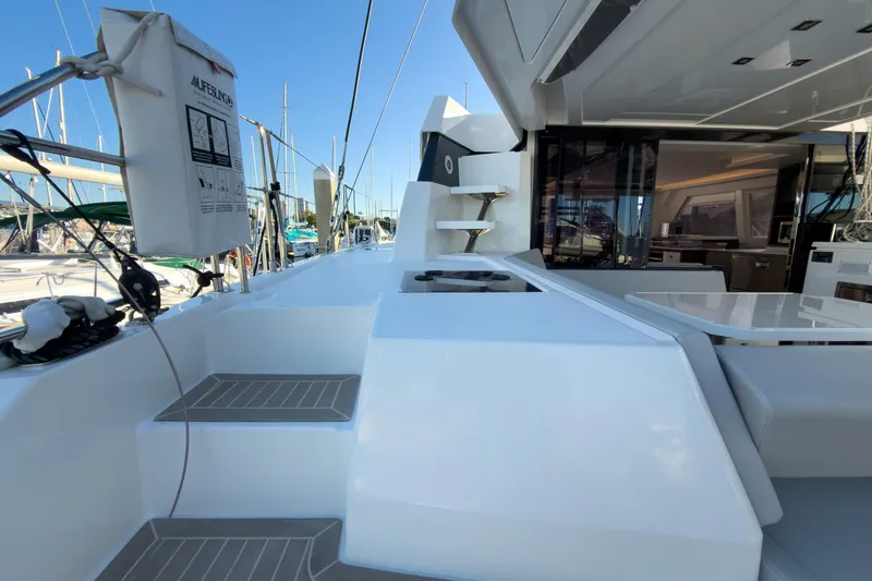 Panthera Yacht Photos Pics Modern Leopard 42 catamaran deck, 2021 model, featuring sleek design and spacious layout.