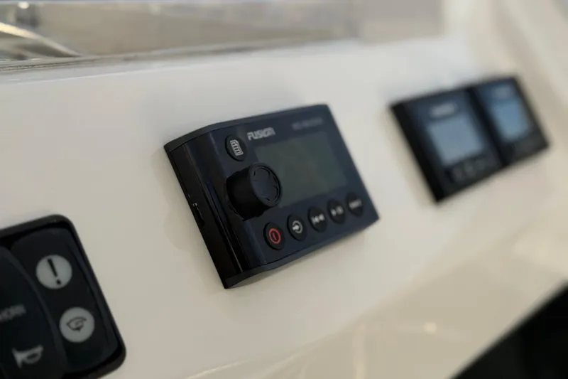 Panthera Yacht Photos Pics Control panel on a 2021 Leopard 42 yacht, featuring Fusion audio system.