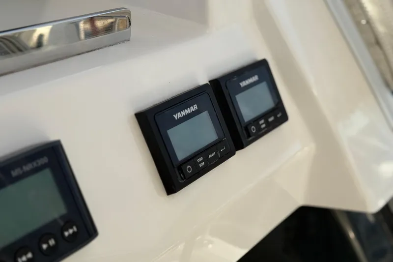 Panthera Yacht Photos Pics Control panel on 2021 Leopard 42 yacht with Yanmar displays.