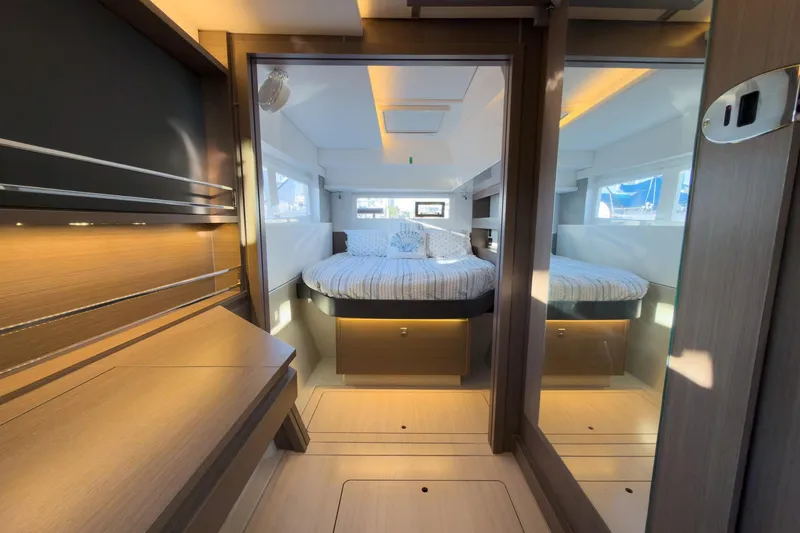 Panthera Yacht Photos Pics Luxurious interior of 2021 Leopard 42 yacht with modern bedroom design.