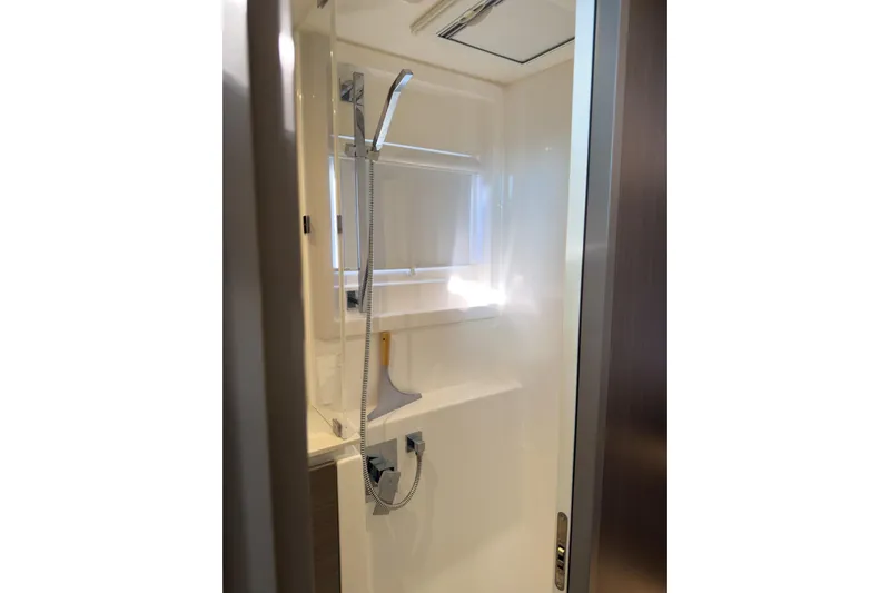 Panthera Yacht Photos Pics Modern shower in 2021 Leopard 42 yacht, featuring sleek design and chrome fixtures.