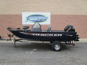 2025 Tracker Pro Guide V16 WT boat on trailer at Grand Pointe Marina.