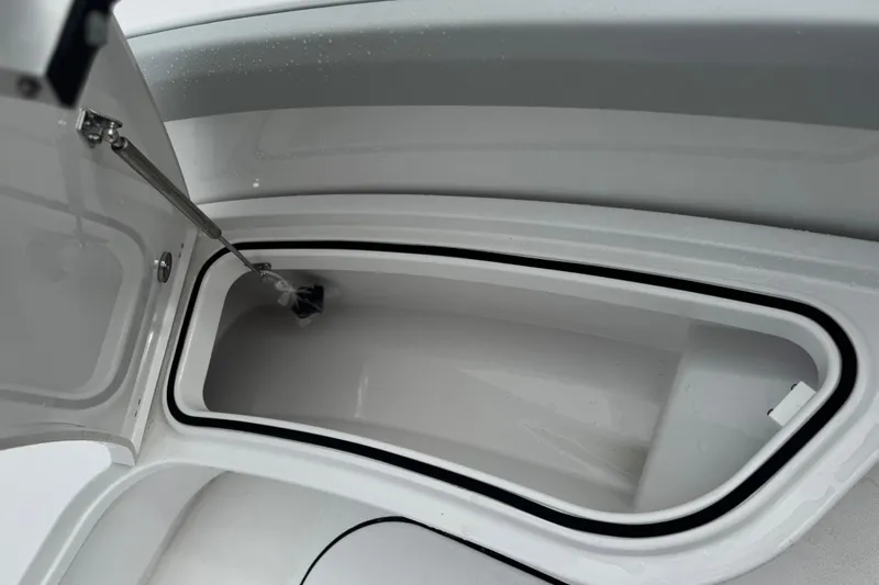 Your Next Boat! Yacht Photos Pics 2026 Blackfin 262 HB boat storage compartment with open lid and hydraulic support.