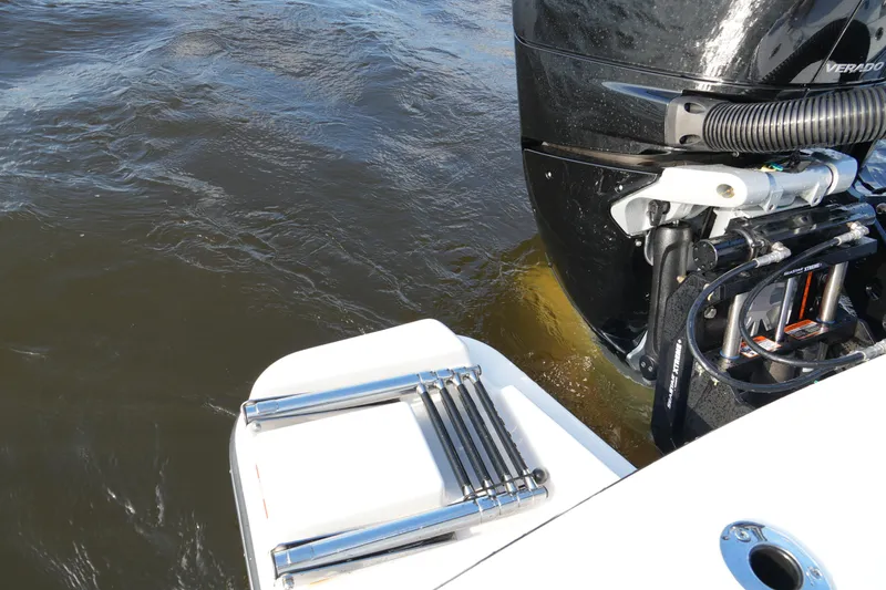 Your Next Boat! Yacht Photos Pics 2026 Blackfin 262 HB boat with outboard motor and swim ladder in water.