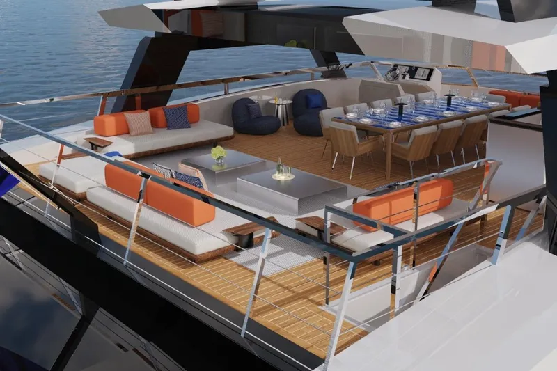  Yacht Photos Pics Luxurious Silver Yachts SC22M 2026 model with elegant outdoor seating and dining area.