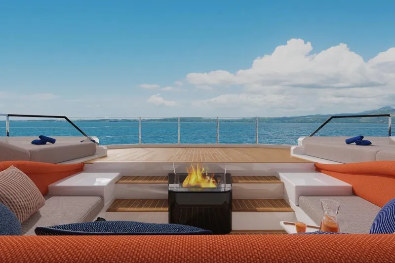  Yacht Photos Pics Luxurious 2026 Silver Yachts SC22M deck with ocean view and cozy seating area.